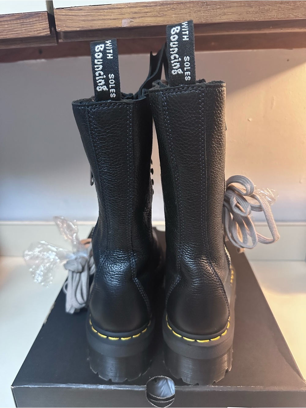 Dr. Martens Black Leather Platform Lace-Up Boots with Yellow Stitching - Picture 5 of 8